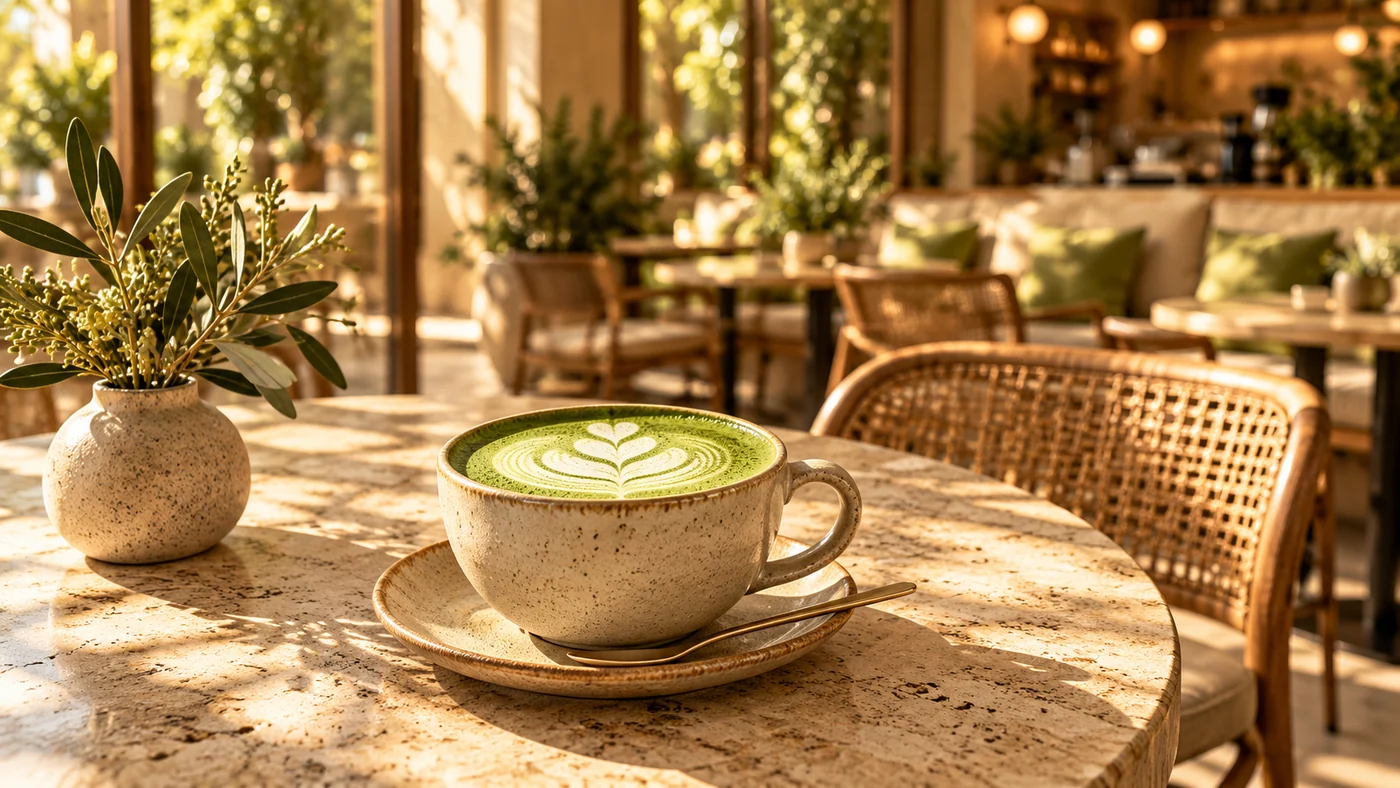Eine Tasse Matcha auf einem sonnigen Cafétisch