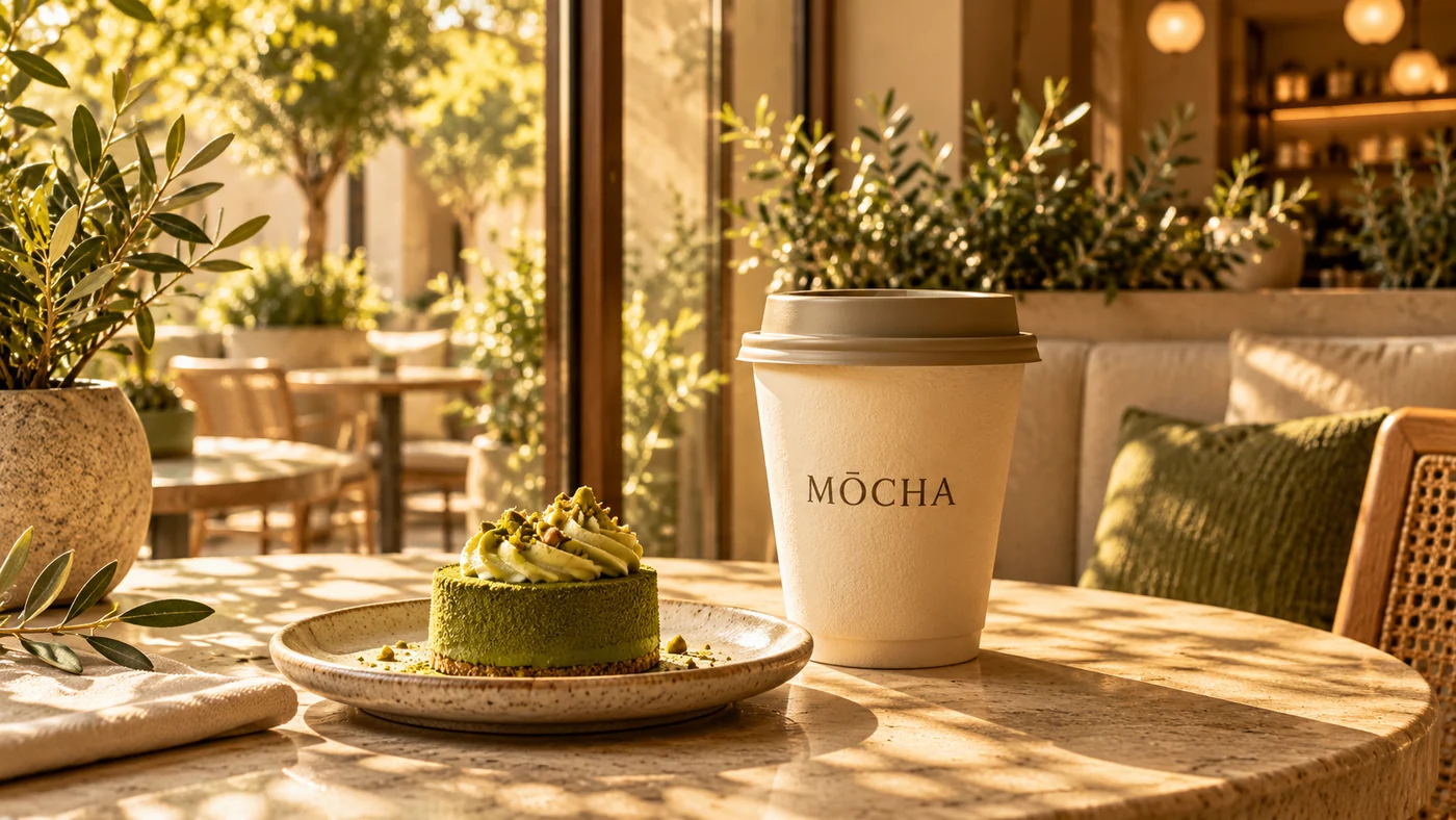 MŌCHA Take-away-Becher und Matcha-Kuchen auf einem Holztisch