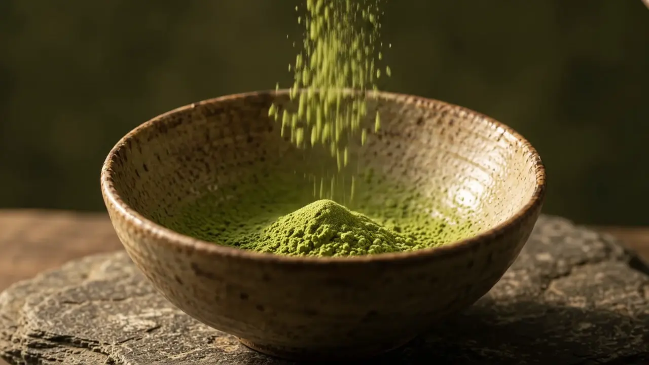 Matcha-Pulver fällt in eine handwerkliche Keramikschale.